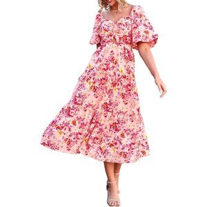 Women Summer Dresses 2024 Casual Flowy Beach Square Neck Puff Short Sleeve